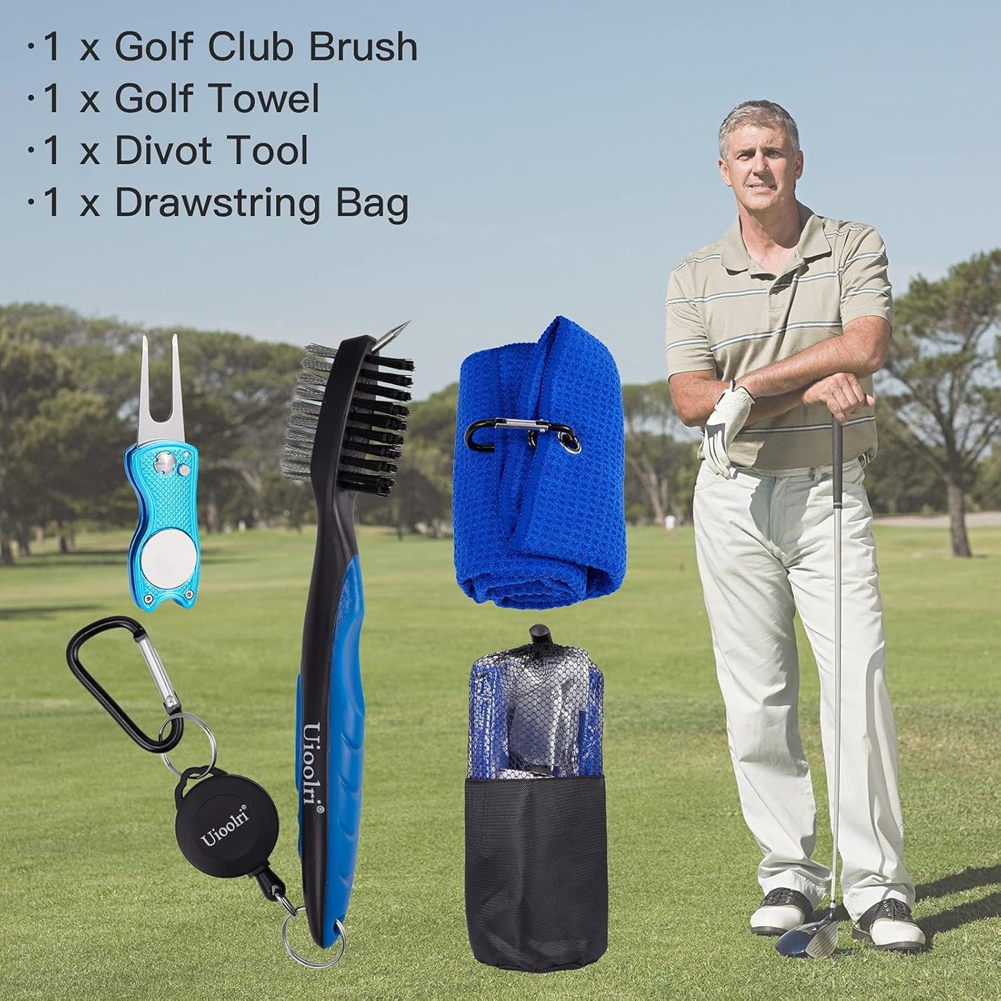 Golf Accessories for Men with Golf Towel Groove Cleaning Golf Club Brush and Divot Tool for Golf Gifts(Set C 4 Pieces in Drawstring Bag)